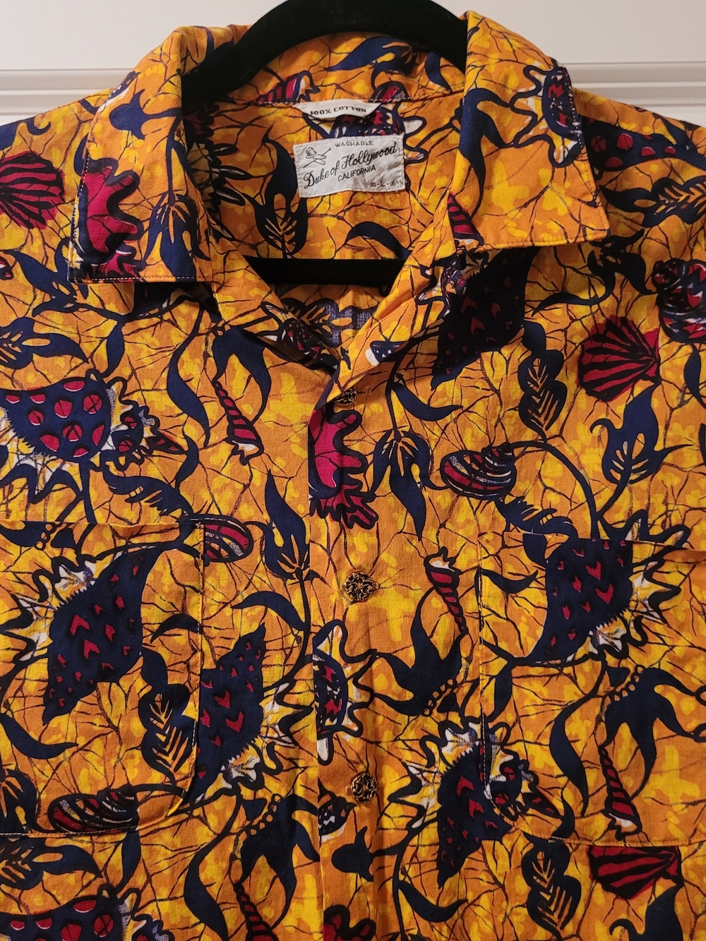 Duke Of Hollywood Vintage Hawaiian Yellow Red Print Men's Shirt Size L